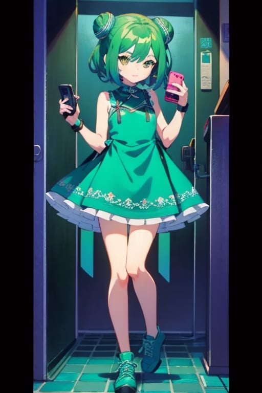 (masterpiece, best quality:1.2), 1girl, anime girl with green hair and blue dress  holding a cell phone, anime girl with teal hair, anime visual of a cute girl, mikudayo, portrait of an anime girl, anime moe artstyle, marin kitagawa fanart, young anime girl, small curvy loli, cute anime waifu in a nice dress, portrait of cute anime girl, made with anime painter studio
,full body