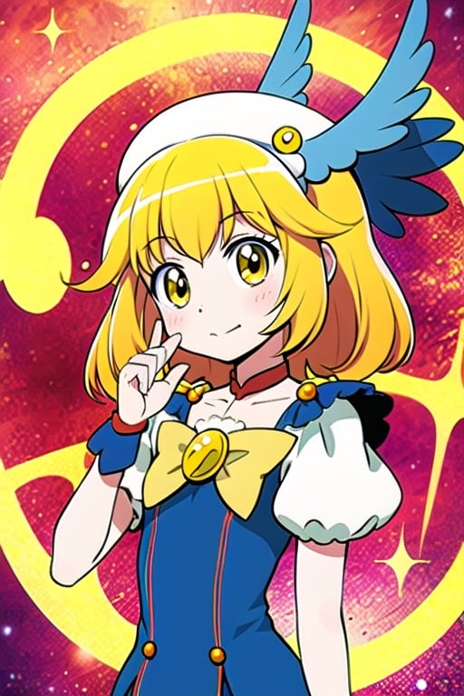 a woman in a yellow dress and a hat with a bird on her head, symphogear, anime girl named lucy, anime visual of a cute girl, rei hiroe, magical girl anime mahou shojo, yami kawaii, best anime character design, daytime ethereal anime, yellow radiant magic, aya takano color style, anime best girl, portrait of magical girl