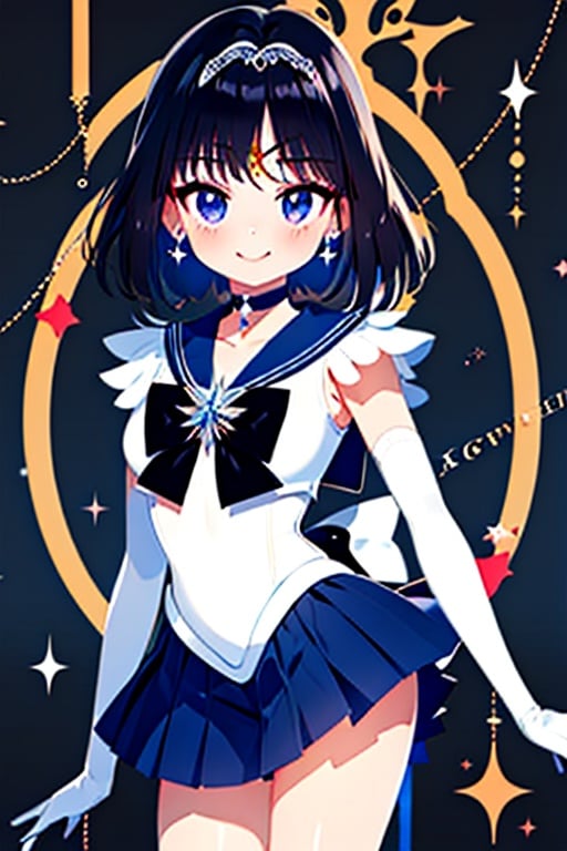 (masterpiece, best quality:1.2), , solo, 1girl, sailor saturn, magical girl, smile, closed mouth, looking at viewer, hand on hip, tiara, sailor senshi uniform, pleated skirt, elbow gloves, jewelry, brooch, choker