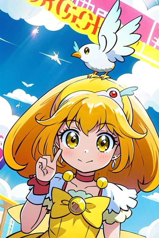 a woman in a yellow dress and a hat with a bird on her head, symphogear, anime girl named lucy, anime visual of a cute girl, rei hiroe, magical girl anime mahou shojo, yami kawaii, best anime character design, daytime ethereal anime, yellow radiant magic, aya takano color style, anime best girl, portrait of magical girl