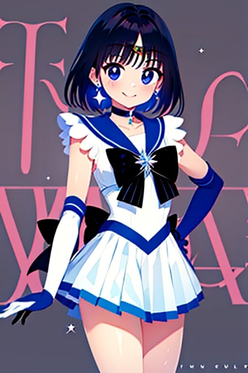 (masterpiece, best quality:1.2), , solo, 1girl, sailor saturn, magical girl, smile, closed mouth, looking at viewer, hand on hip, tiara, sailor senshi uniform, pleated skirt, elbow gloves, jewelry, brooch, choker