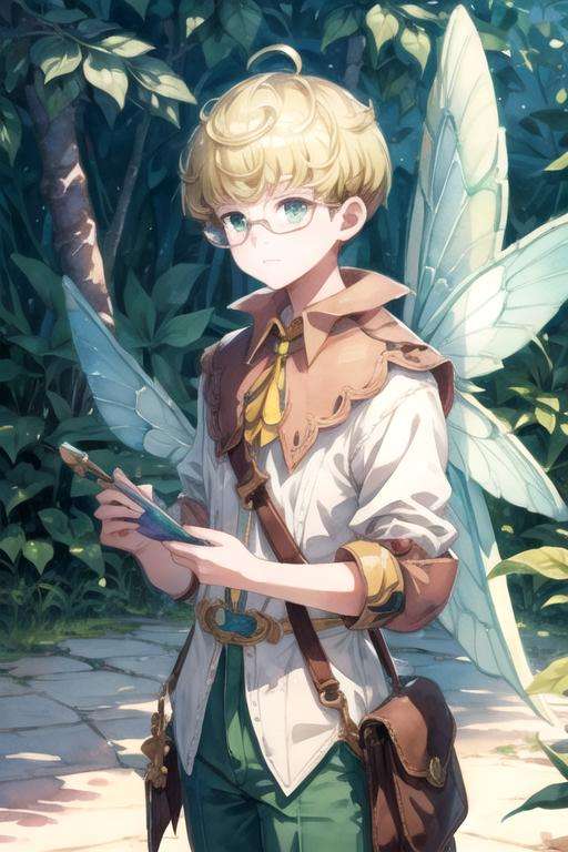 masterpiece, best quality, wallpaper, 1boy, solo, male focus, looking at viewer, , , (watercolor illustration, soft pastel colors:1.1), , <lora:tao_mongarten:0.70>, tao_mongarten, blonde hair, green eyes, glasses, , Fairyland: A place where fairies and other magical creatures live,