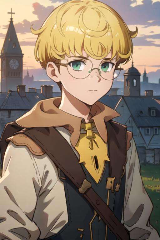 masterpiece, best quality, movie still, 1boy, solo, male focus, looking at viewer, upper body, depth of field, anime coloring, realistic, <lora:tao_mongarten:0.68>, tao_mongarten, blonde hair, green eyes, glasses, scarecrow costume, The Tower of Destiny, 32k resolution