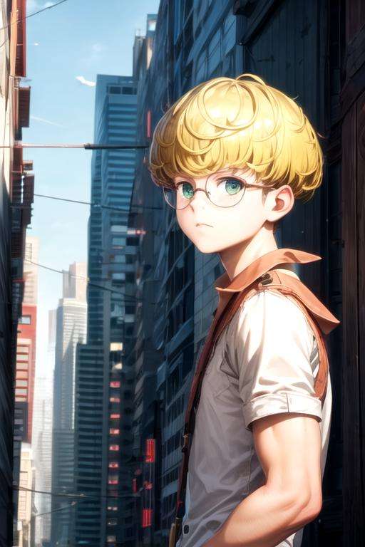 masterpiece, best quality, movie still, 1boy, solo, male focus, looking at viewer, upper body, , , realistic, <lora:tao_mongarten:0.72>, tao_mongarten, blonde hair, green eyes, glasses, , cyberpunk,