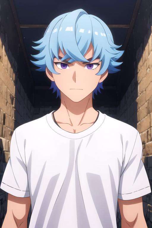 masterpiece, best quality, wallpaper, 1boy, solo, male focus, looking at viewer, , depth of field, anime coloring, , <lora:bos_brunnen:0.70>, bos_brunnen, blue hair, purple eyes, crew neck t-shirt, , ancient greece, 4k resolution