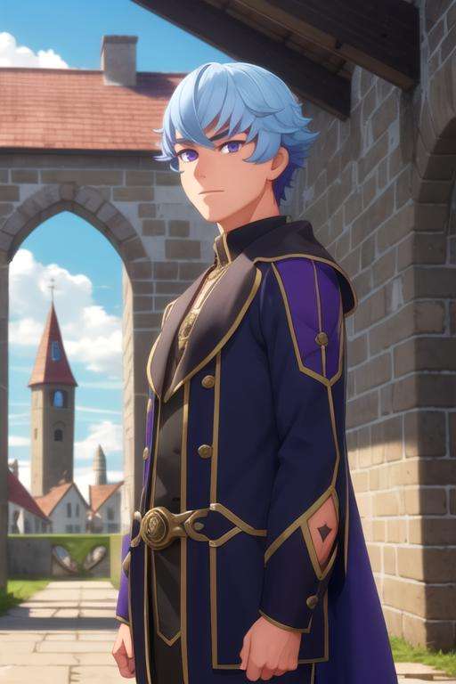 masterpiece, best quality, , 1boy, solo, male focus, looking at viewer, upper body, depth of field, , realistic, <lora:bos_brunnen:0.74>, bos_brunnen, blue hair, purple eyes, graduation costume, The Tower of Oblivion: A stronghold where forgotten secrets and dark magic are hidden,