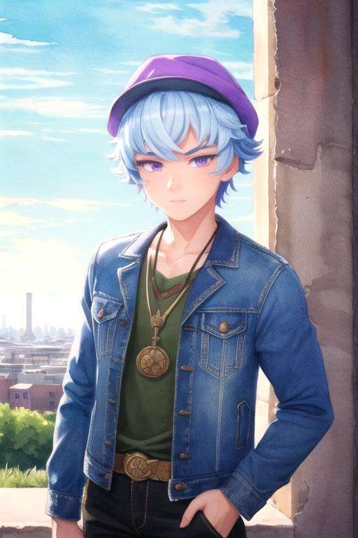 masterpiece, best quality, wallpaper, 1boy, solo, male focus, looking at viewer, upper body, , (watercolor illustration, soft pastel colors:1.1), , <lora:bos_brunnen:0.68>, bos_brunnen, blue hair, purple eyes, denim jacket, hat, cooling tower,