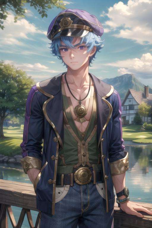 masterpiece, best quality, wallpaper, 1boy, solo, male focus, looking at viewer, upper body, , , , <lora:bos_brunnen:0.74>, bos_brunnen, blue hair, purple eyes, bermuda shorts, golf cap, lake,