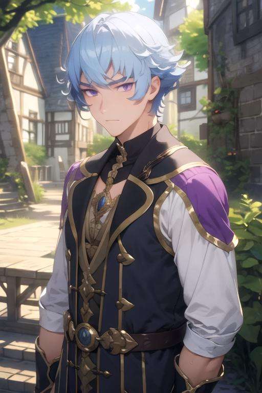 masterpiece, best quality, game cg, 1boy, solo, male focus, looking at viewer, upper body, depth of field, ligne claire, realistic, <lora:bos_brunnen:0.72>, bos_brunnen, blue hair, purple eyes, , Fairyland: A place where fairies and other magical creatures live,