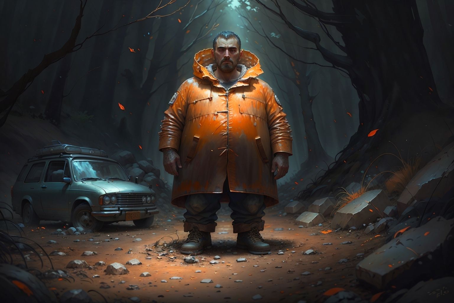 orange00d, (art by Frédéric Fiebig:1.2), ground level shot of a Depressing rotund Niko Bellic, background is Campground, Guilty, <lora:orange00d-000008:1>