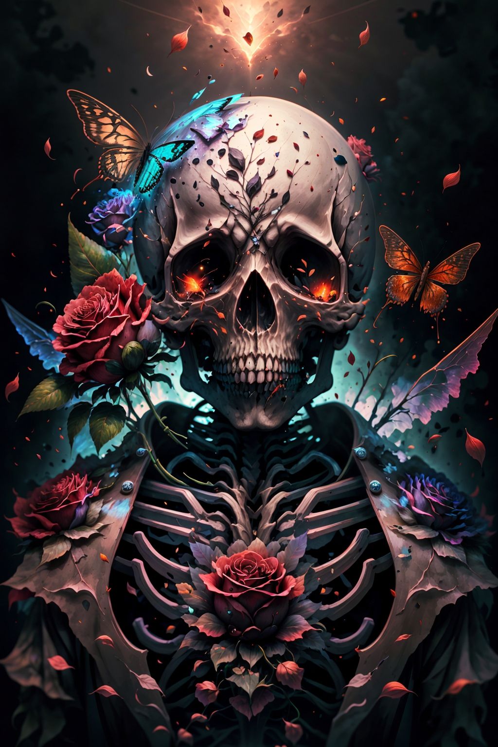 solo, flower, teeth, petals, no humans, glowing, rose, bug, black background, red flower, butterfly, skull, red rose, skeleton, rose petals <lora:skulls00d-000012:1>