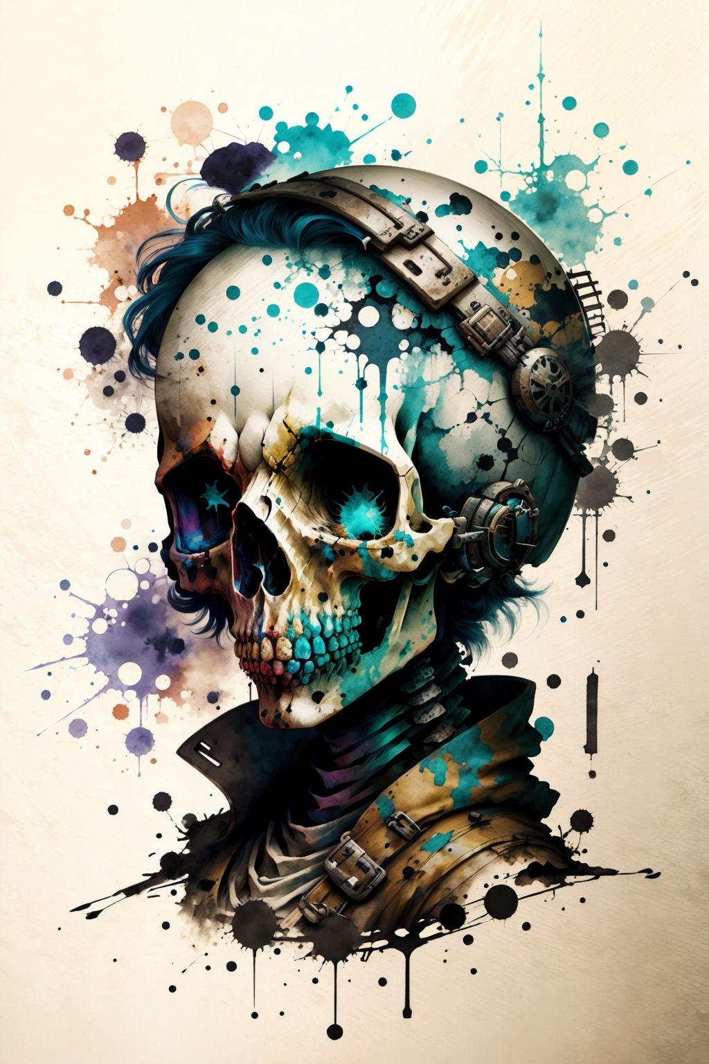 skull, woman, watercolor (medium), fruit background, bouncy castle, post-apocalyptic, :3, <lora:skulls00d-000012:1>
