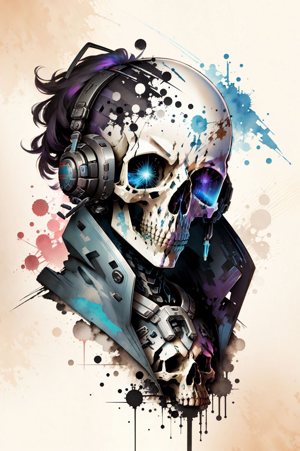 skull, woman, watercolor pencil (medium), argyle background, barn, science fiction soft science fiction, curious, chromatic aberration abuse, <lora:skulls00d-000012:1>