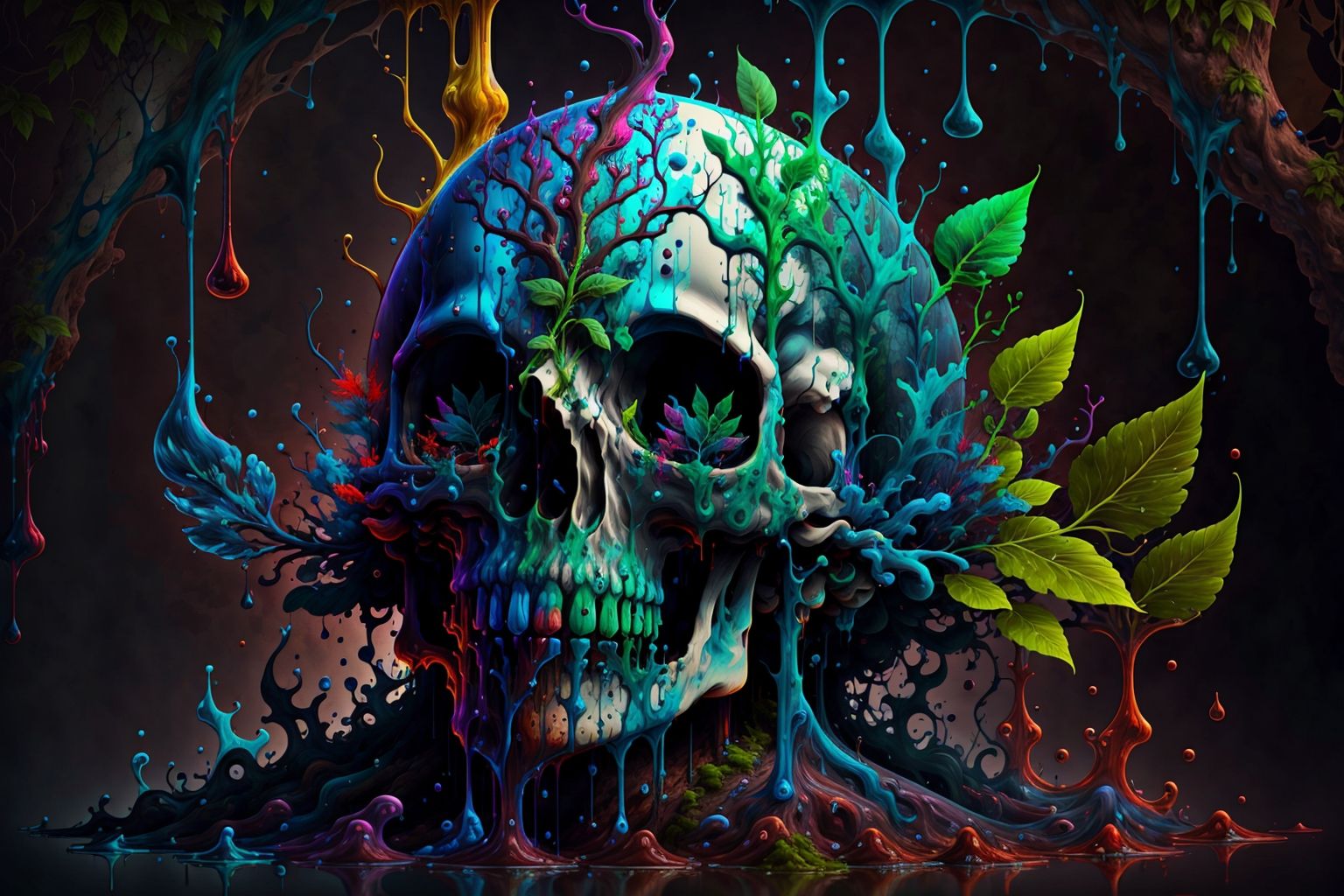 skull, water, gradient, gradient background, no humans, leaf, plant, dripping, melting <lora:skulls00d-000012:1>