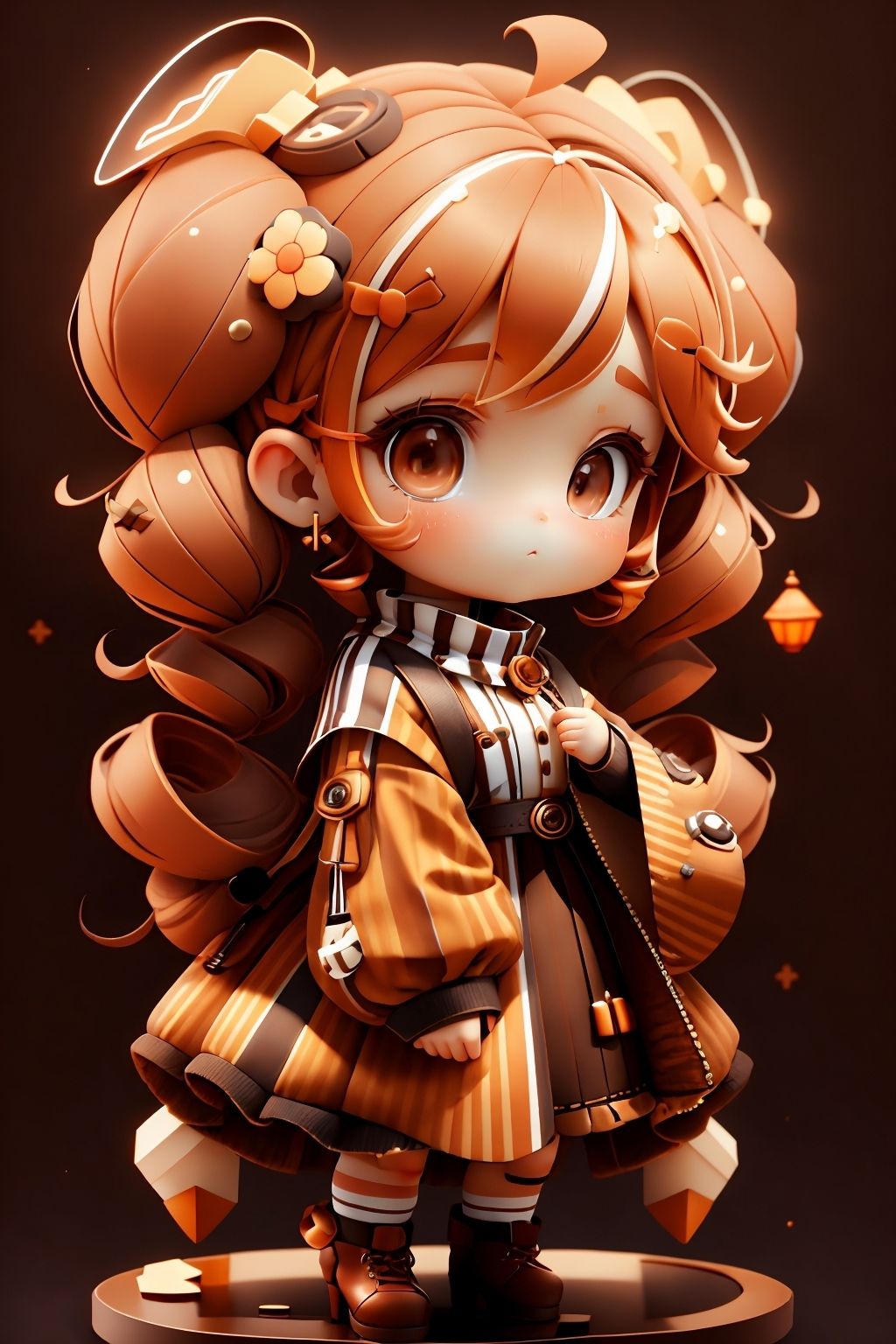 plastican00d, 1girl, chibi, amber, twin drills, medium brown, luxury fabrics, dithering, Far-reaching,looking at viewer, striped background<lora:plastican00d-000010:1>