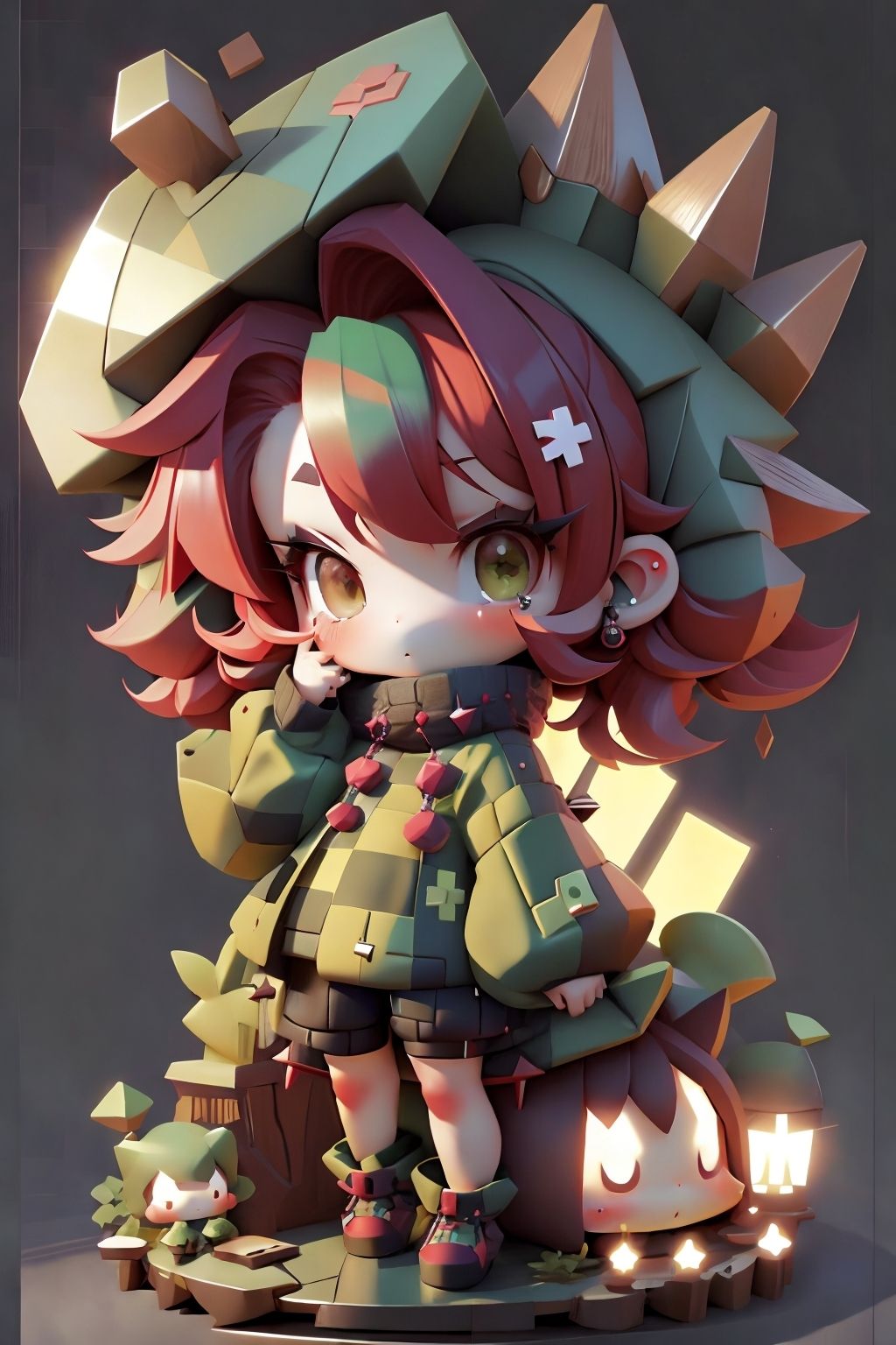 plastican00d, 1girl, chibi, ruby, spiky hair, green, loungewear, opulent,looking at viewer, checkered background<lora:plastican00d-000010:1>