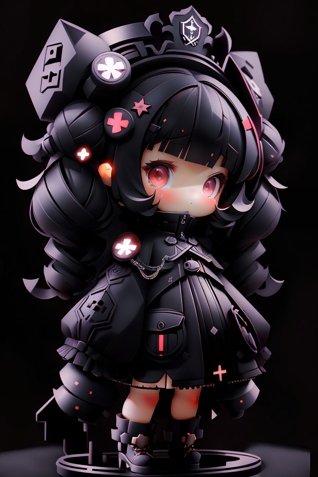 plastican00d, 1girl, chibi, black, twin drills, black, Magnificent,looking at viewer, paneled background<lora:plastican00d-000010:1>