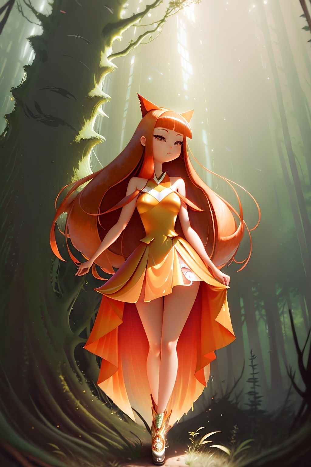 gear00d, nihonga, girl, diffraction spikes, prom dress, wedge cut, auburn, absurdly long hair, forest, Complicated <lora:gear00d-000010:1>