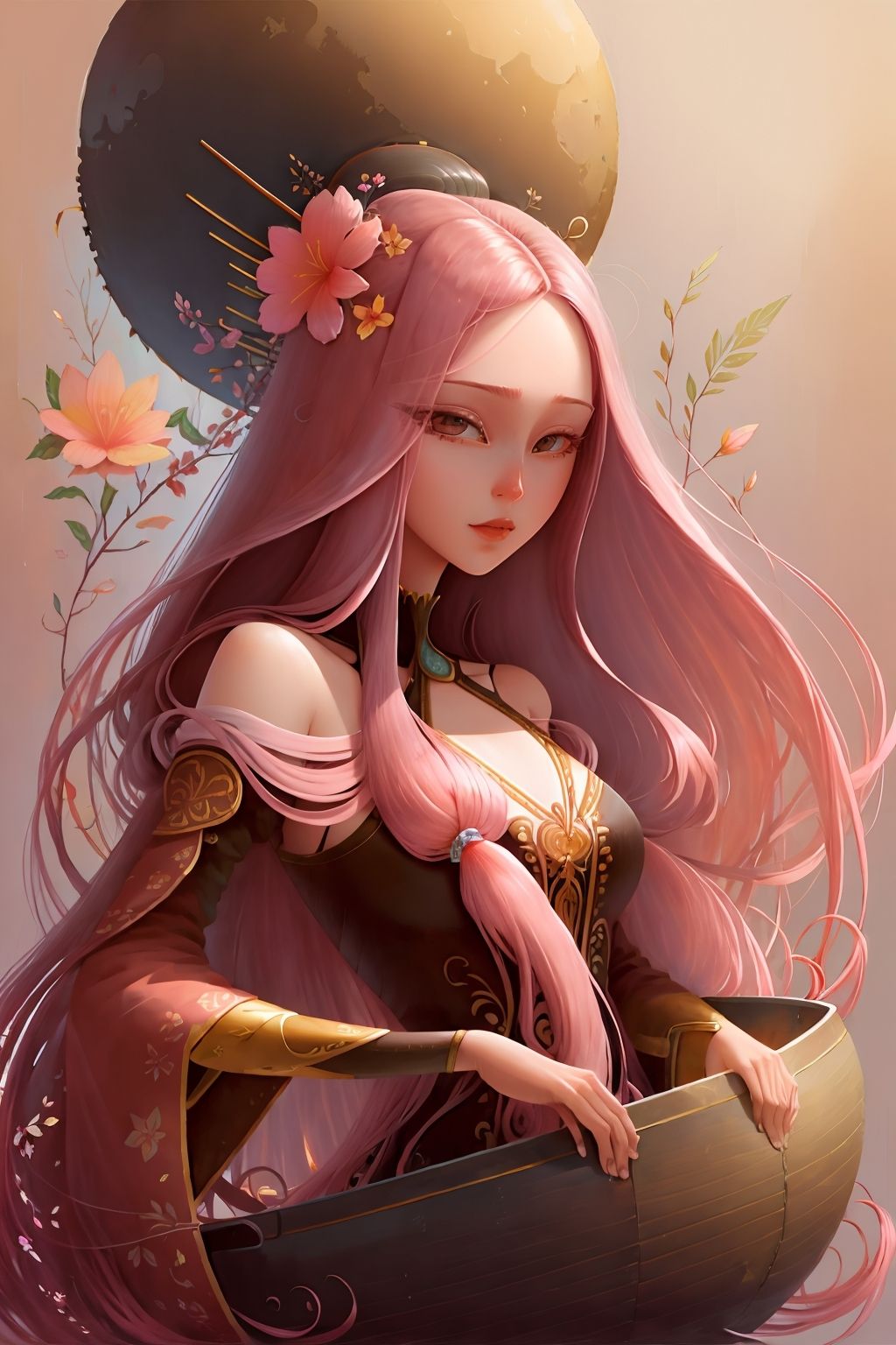 gear00d, beautiful woman, long hair, pink, comb, floating hair, flower, Complicated, <lora:gear00d-000010:1>