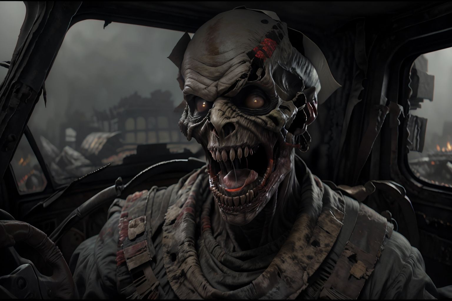 zomb00d, zombie, 1boy, male focus, teeth, tongue, blurry, sharp teeth, mummy, horror (theme), vehicle interior, Sumptuous, infernal palace <lora:zomb00d-000010:1>