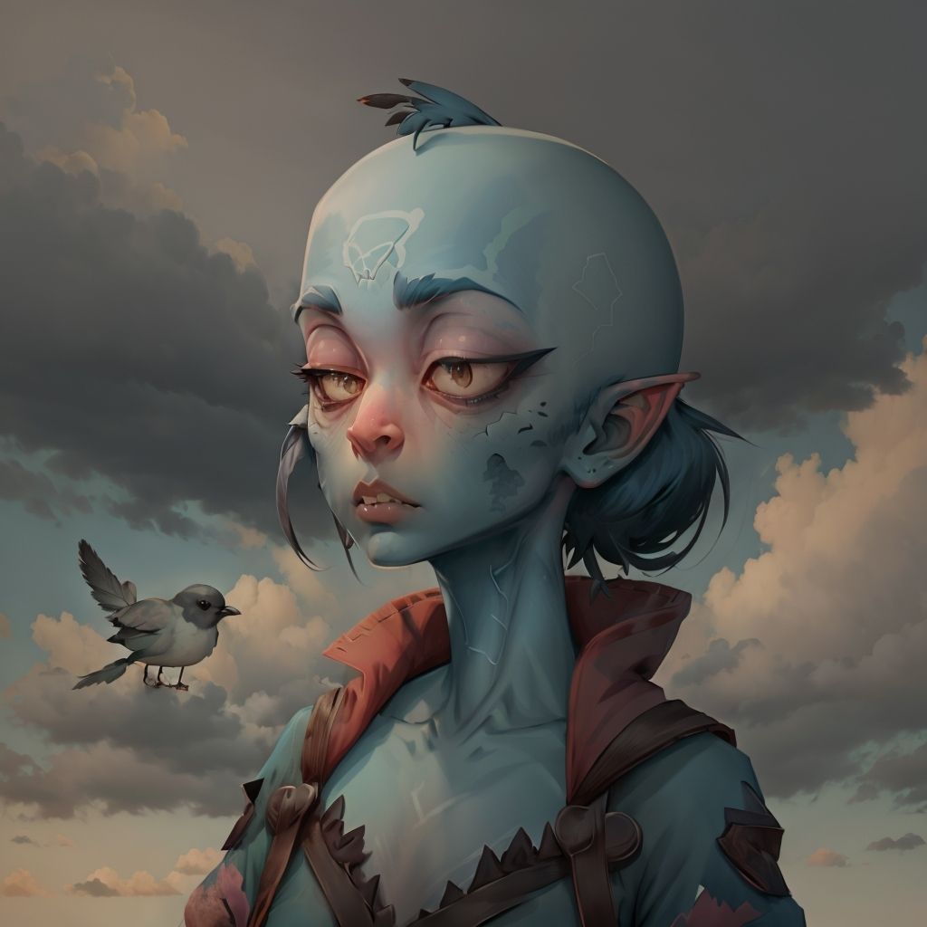 cart00d, solo, 1girl, teeth, cloud, colored skin, bird, animal, sharp teeth, colored sclera, bald, blue skin   <lora:cart00d-000018:1>