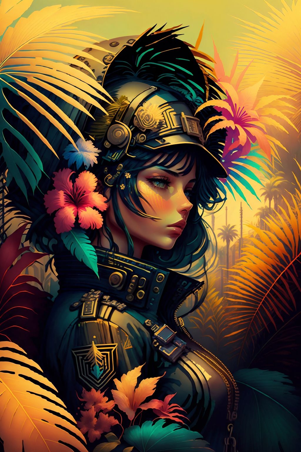 random00d, vector art, arresting, woman, 30years, palm tree, flower, Complicated , <lora:random00d_v2-000010:1>