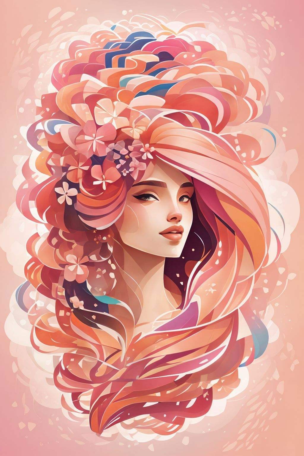 post00d, beautiful woman, long hair, pink, comb, floating hair, flower, Complicated, <lora:post00d-000010:1>