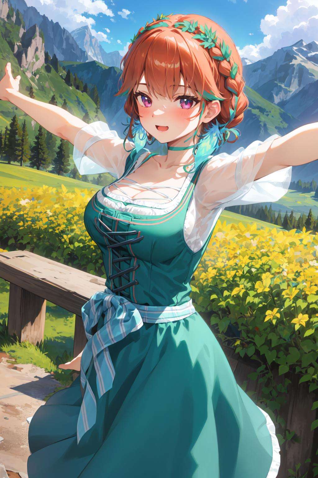 nature, alps, 1girl, kiaraustria, teal dirndl, ribbon, braid, outstretched arms, cowboy shot, <lyco:Kiara-LoCon32V2-000009:0.9>