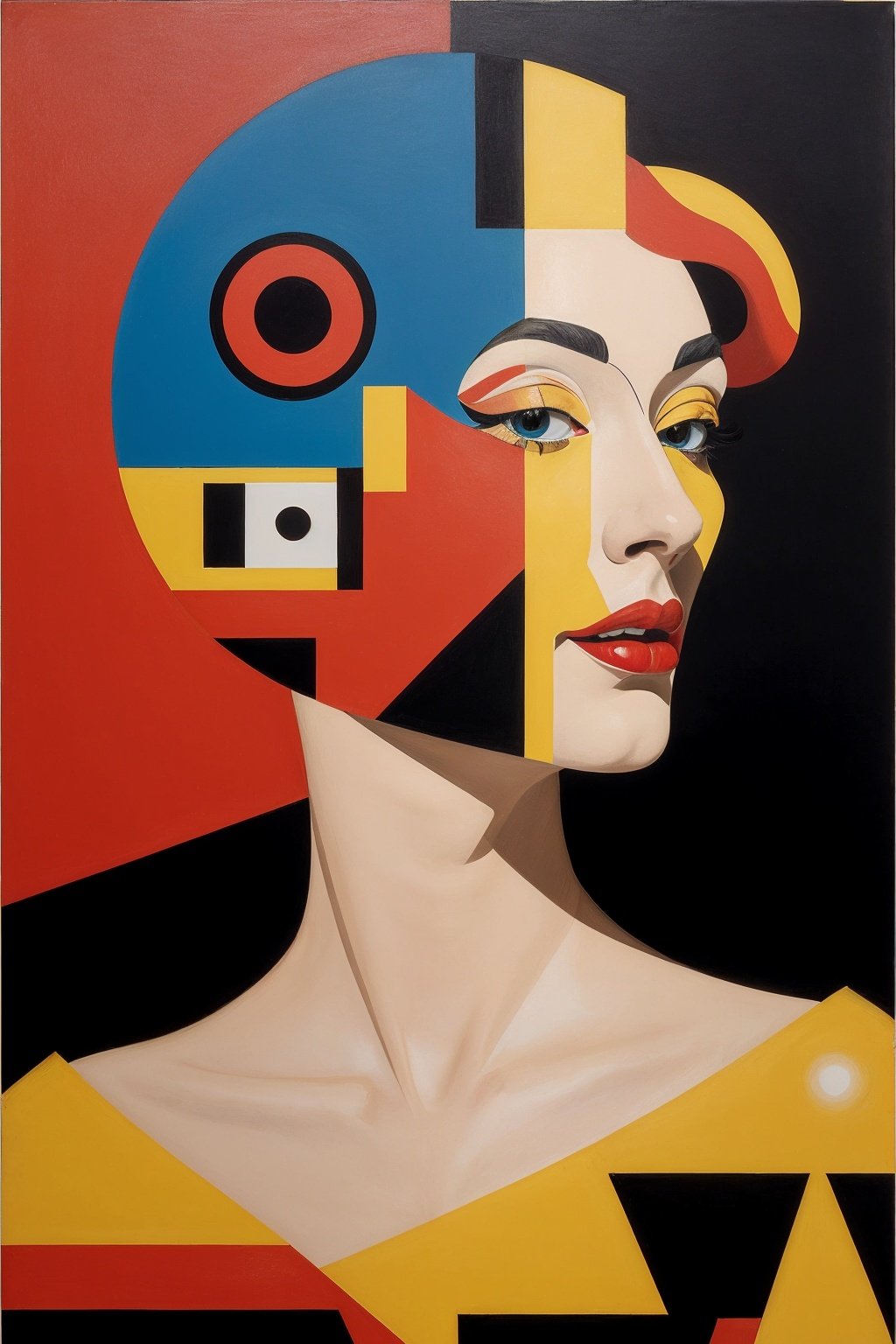 (Best quality, 8k, 32k, Masterpiece, UHD:1.2),   a woman's face is seen through a red and black background, a cubist painting by Christian W. Staudinger, behance, op art, behance hd, pop art, art deco, vectors, distorted reality into cubism, wearing vectorized dress, futuristic vector utopia dream, by Salvador Dali, DreamOn