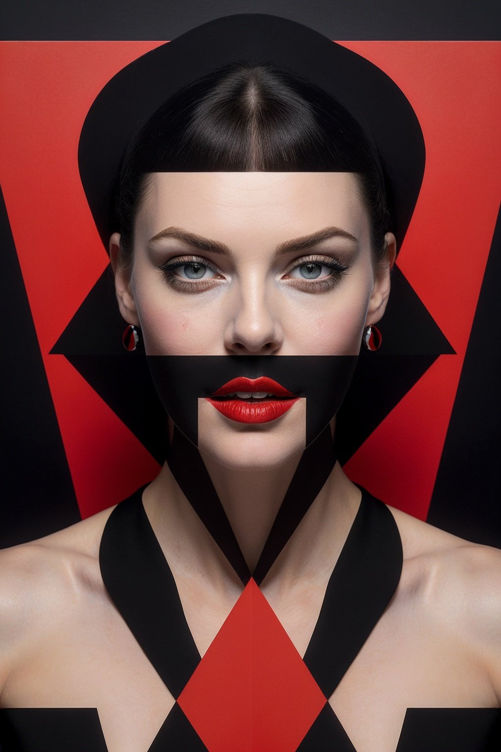 (Best quality, 8k, 32k, Masterpiece, UHD:1.2),   a woman's face is seen through a red and black background, a cubist painting by Christian W. Staudinger, behance, op art, behance hd, pop art, art deco, DreamOn