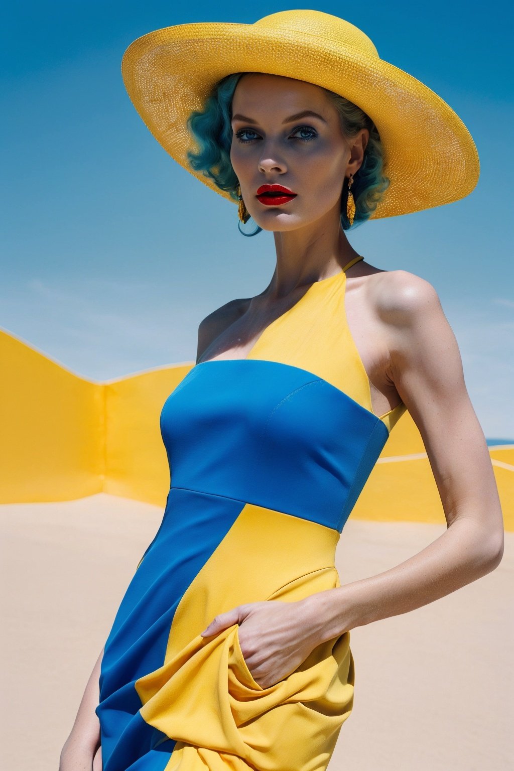 (Best quality, 8k, 32k, Masterpiece, UHD:1.2),   a woman in a yellow and blue dress and hat, fine art fashion photography, saturated colours,  fine art fashion magazine style, , primary colours, sci-fi fashion model, DreamOn