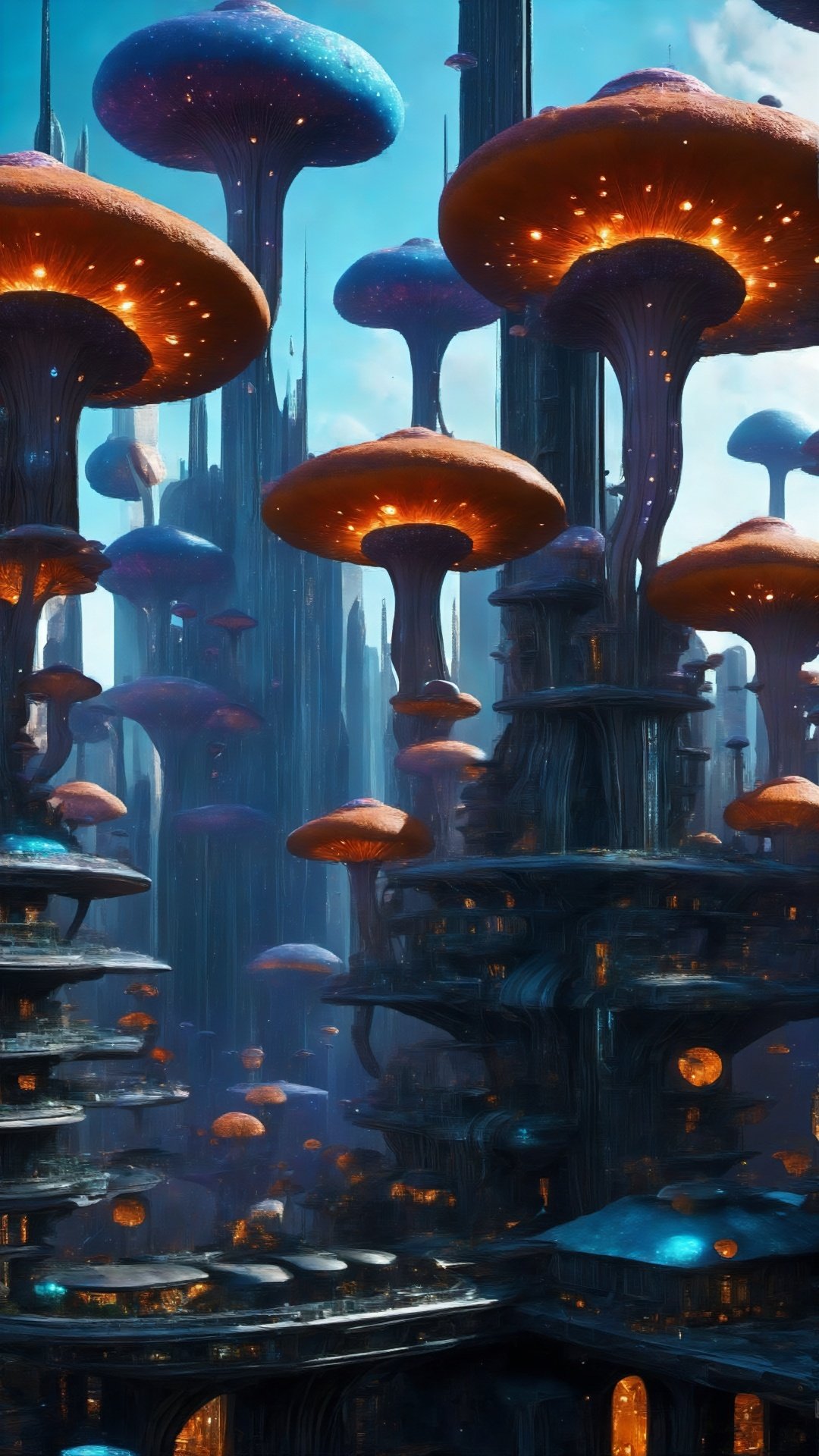 (Fantasy Architectural Style) (Fantasy Scenes) (Advanced Color Art) (Architectural Art) (Intricate Details) The buildings in the city are integrated with the alien mushrooms. Some buildings are designed after the shape of the mushrooms, and their outer walls are also covered with shiny alien texture. There are even huge structures like mushroom caps growing on the roofs of some buildings. These structures seem to have some mysterious power, making everything in the city full of life.