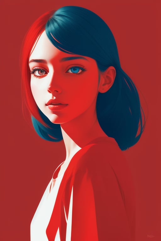 a girl, illustration, cover art, (((red))), portrait, rim light, red background,  abstract shapes, colorful,
