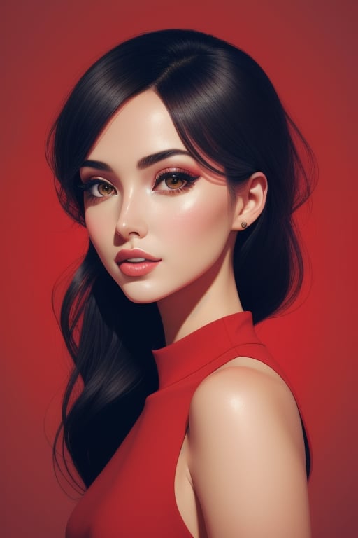 portrait of a gorgeous woman, beautiful, perfect body, illustration, cover art, (((red))), red background, rim light, abstract shapes, colorful, style, looking at the viewer