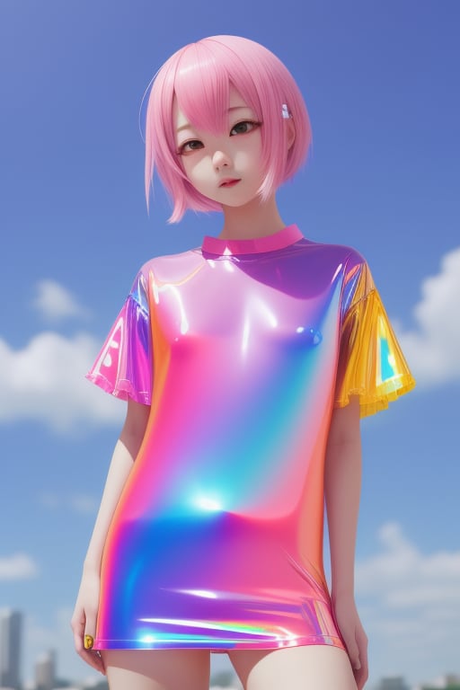 transparent color PVC clothing, transparent color vinyl clothing, prismatic, holographic, chromatic aberration, fashion illustration, masterpiece, girl with harajuku fashion, looking at viewer, 8k, ultra detailed, pixiv
