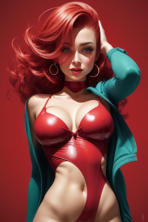  portrait of a gorgeous woman, beautiful, perfect body, Red, red background, style, looking at the viewer, by Josan Gonzales