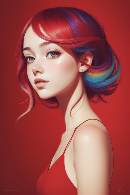 a girl, illustration, cover art, (((red))), portrait, rim light, red background,  abstract (((background)), colorful,
