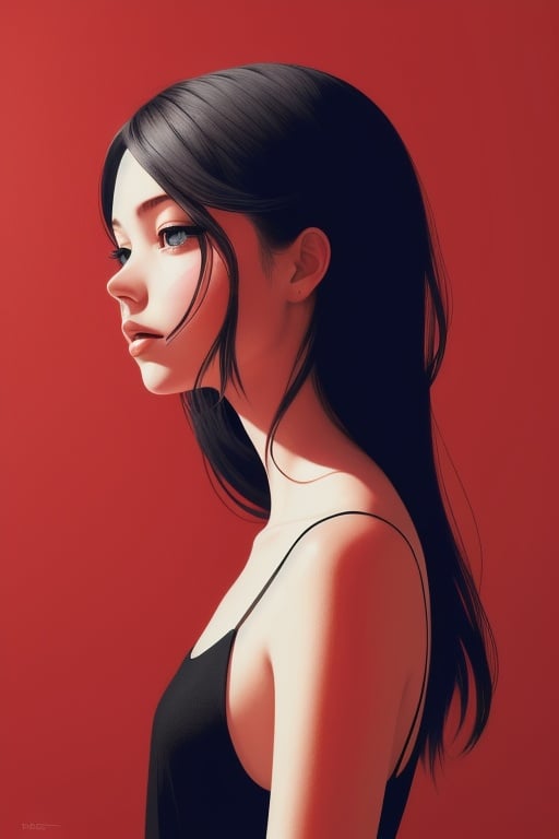 a girl, illustration, cover art, (((red))), portrait, rim light, red background,  abstract shapes, colorful,
