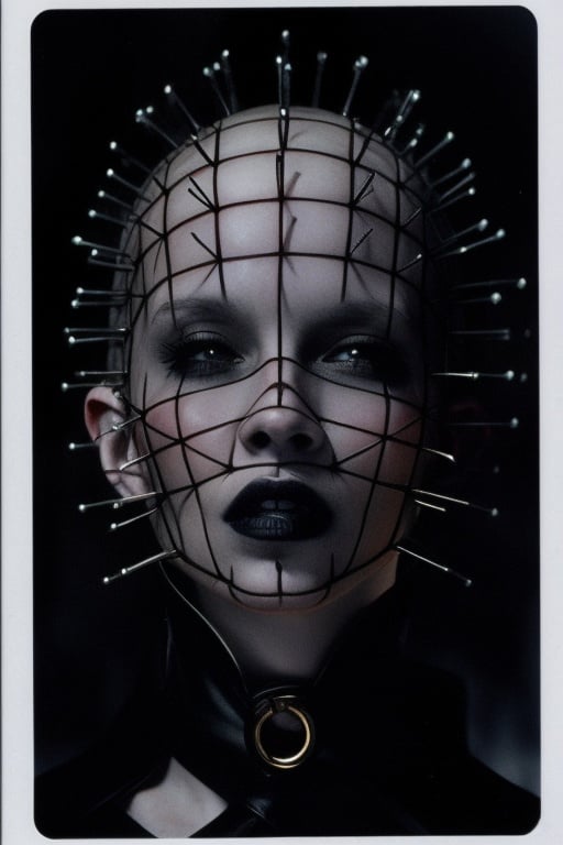 a woman dressed as pinhead in a dark room, pinhead from hellraiser, spikes on the body, concept art by Luis Royo, cgsociety, gothic art, tarot card, darksynth, dark and mysterious, shepinhead, closed up portrait,shepinhead,Shepinhead