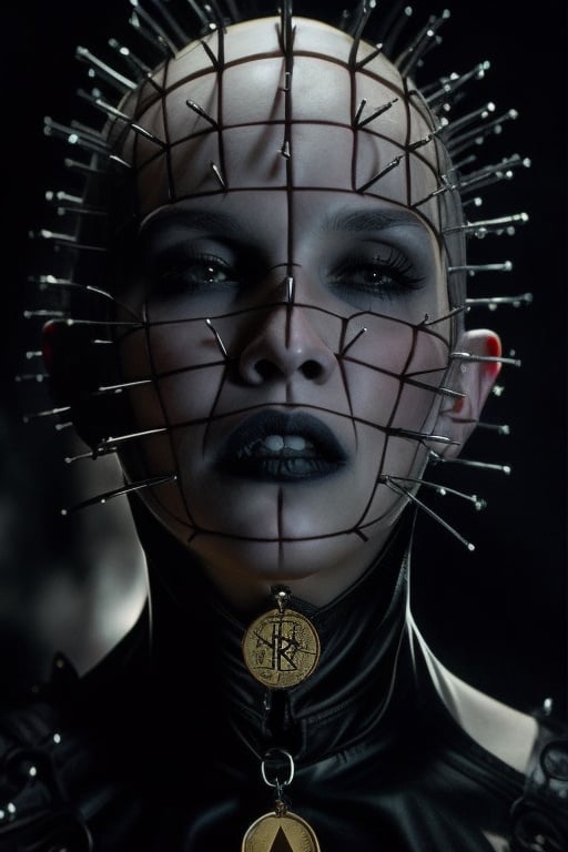 a woman dressed as pinhead in a dark room, pinhead from hellraiser, spikes on the body, concept art by Luis Royo, cgsociety, gothic art, tarot card, darksynth, dark and mysterious, shepinhead, closed up portrait,shepinhead