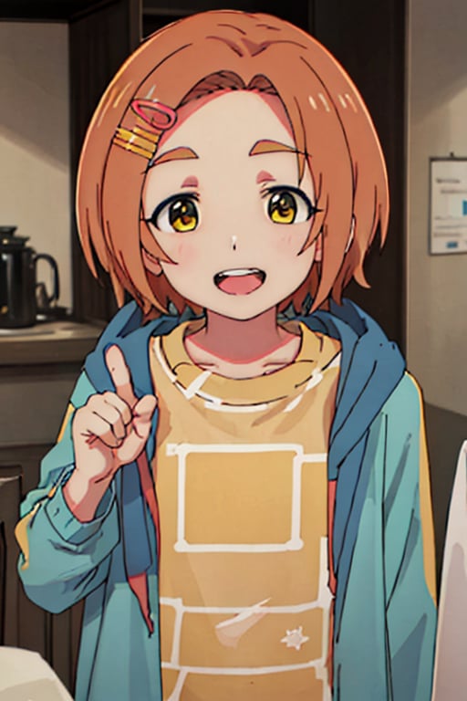 best quality, masterpiece, highres, solo, short_hair, hair_ornament, hairclip, orange_hair, brown_hair, yellow_eyes, smile, upper_body, open_mouth, 1girl, ^_^, closed_eyes, hood, shirt, teeth, jacket, blush, thick_eyebrows, yellow_shirt, upper_teeth_only, facing_viewer