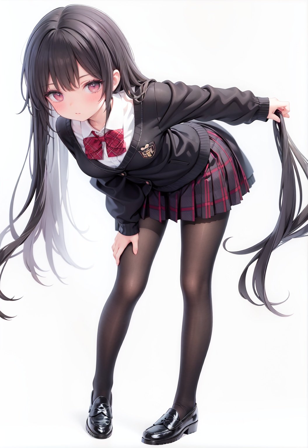  1girl, solo, pantyhose, skirt, long hair, loafers, shoes, simple background, school uniform, brown eyes, plaid, black pantyhose, plaid skirt, looking at viewer, black hair, pantyhose pull, full body, clothes pull, black footwear, pleated skirt, leaning forward, bangs, long sleeves, bent over, cardigan, bow, bowtie, standing, closed mouth, pulled by self, grey background, blush, miniskirt, red bow, sweater, undressing