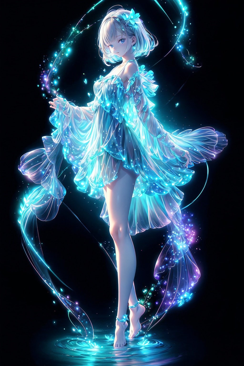  Best quality, 8k,cg,night,glowing,transparent,barefoot,1girl,standing_on_liquid,ripples,sparkler,dress,Formed by light,starry_background