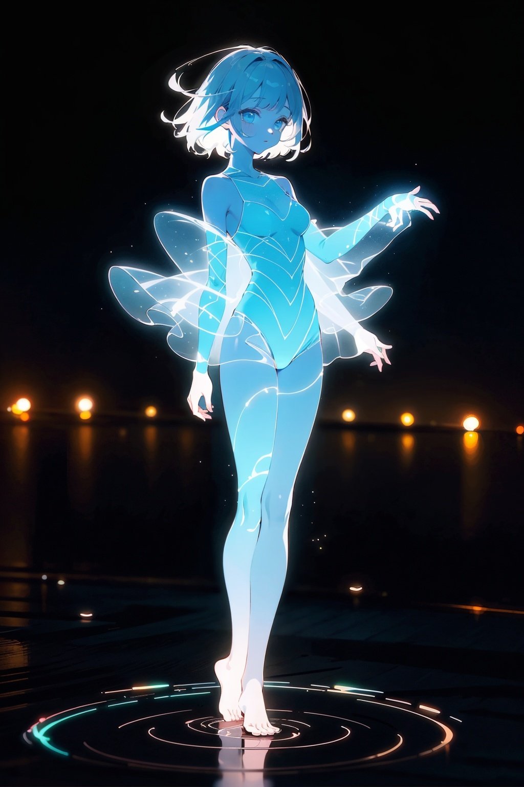  Best quality, 8k,cg,night,glowing,transparent,barefoot,1girl,standing_on_liquid