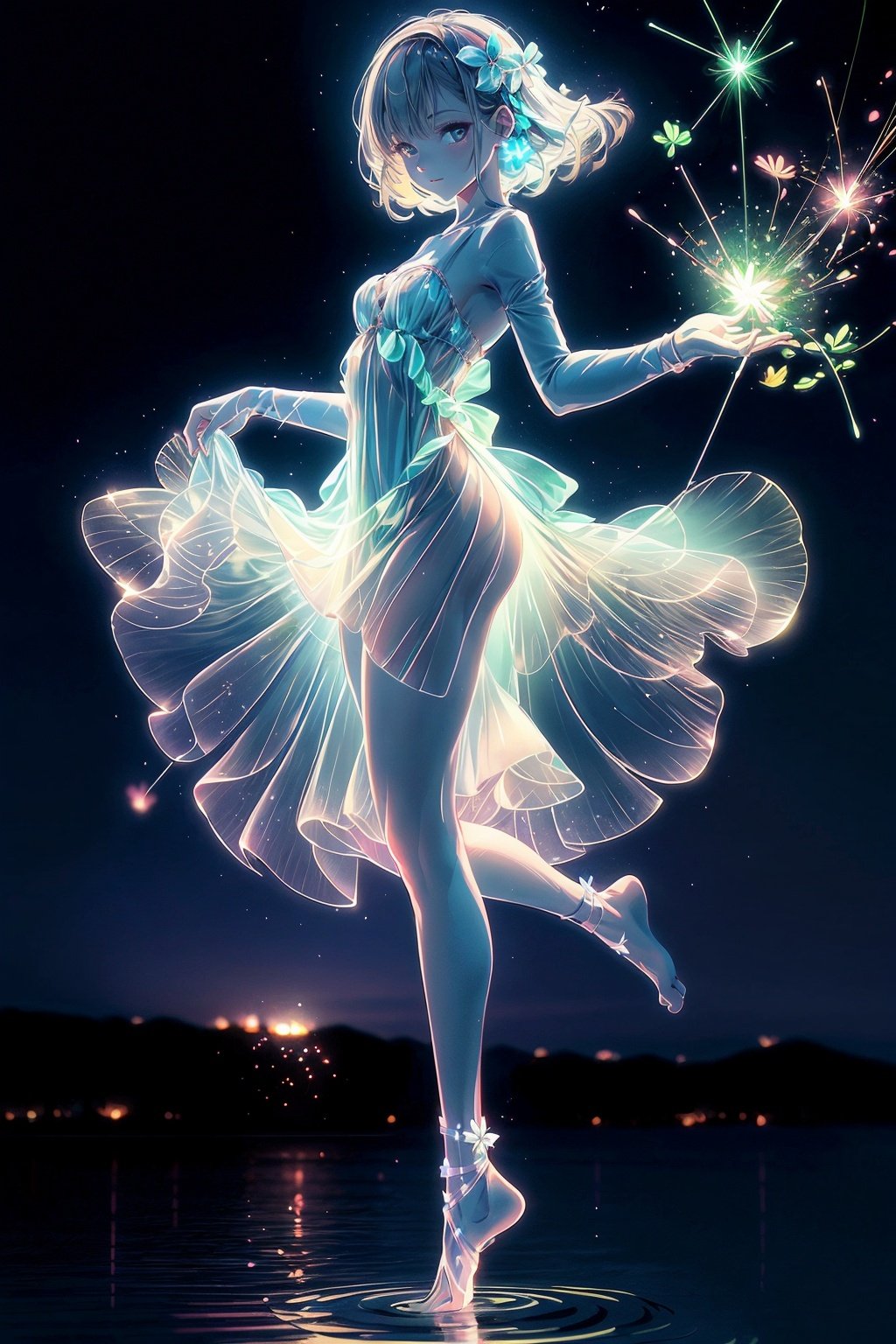  Best quality, 8k,cg,night,glowing,transparent,barefoot,1girl,standing_on_liquid,twilight,ripples,sparkler,dress,Formed by light