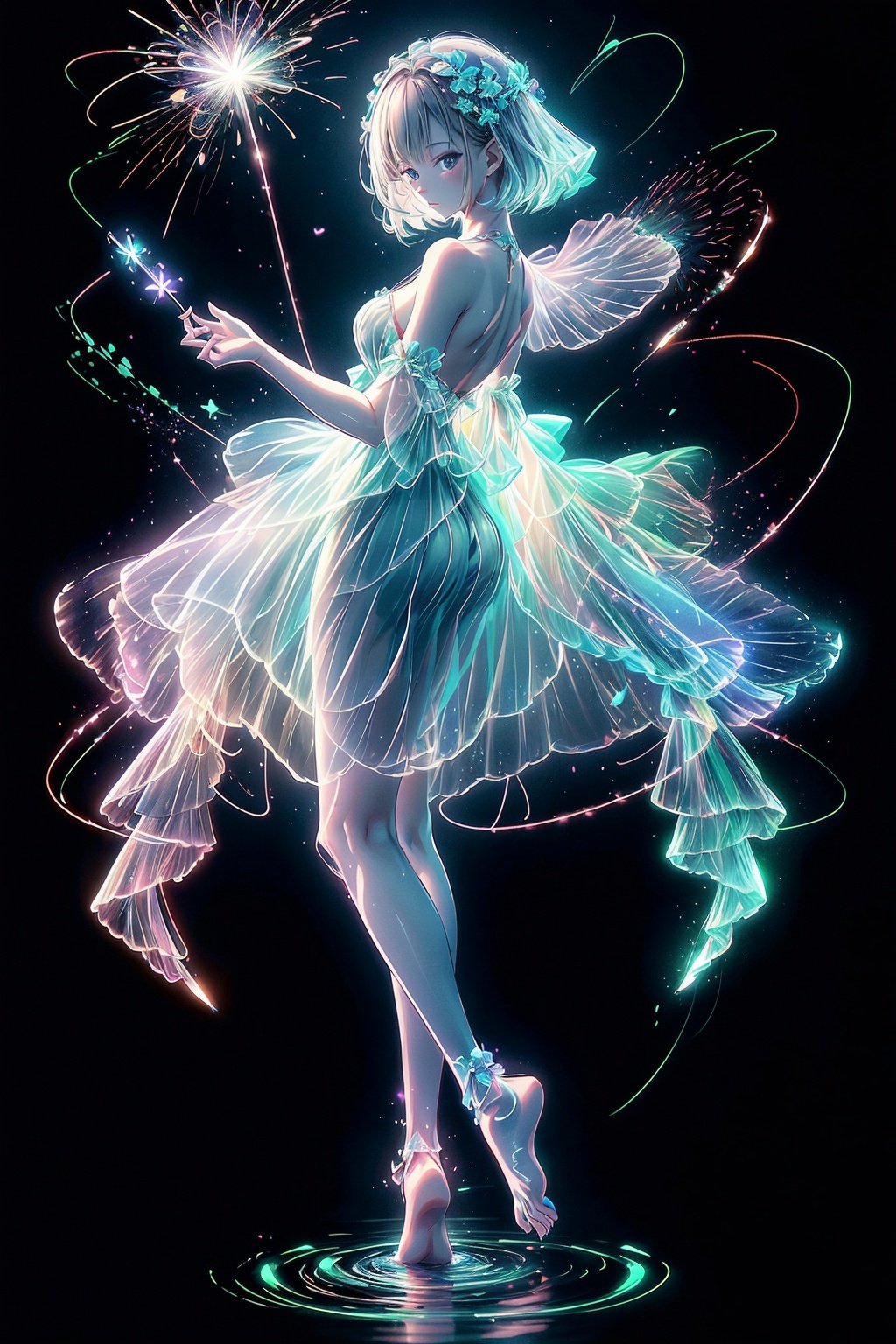  Best quality, 8k,cg,night,glowing,transparent,barefoot,1girl,standing_on_liquid,ripples,sparkler,dress,Formed by light,starry_background