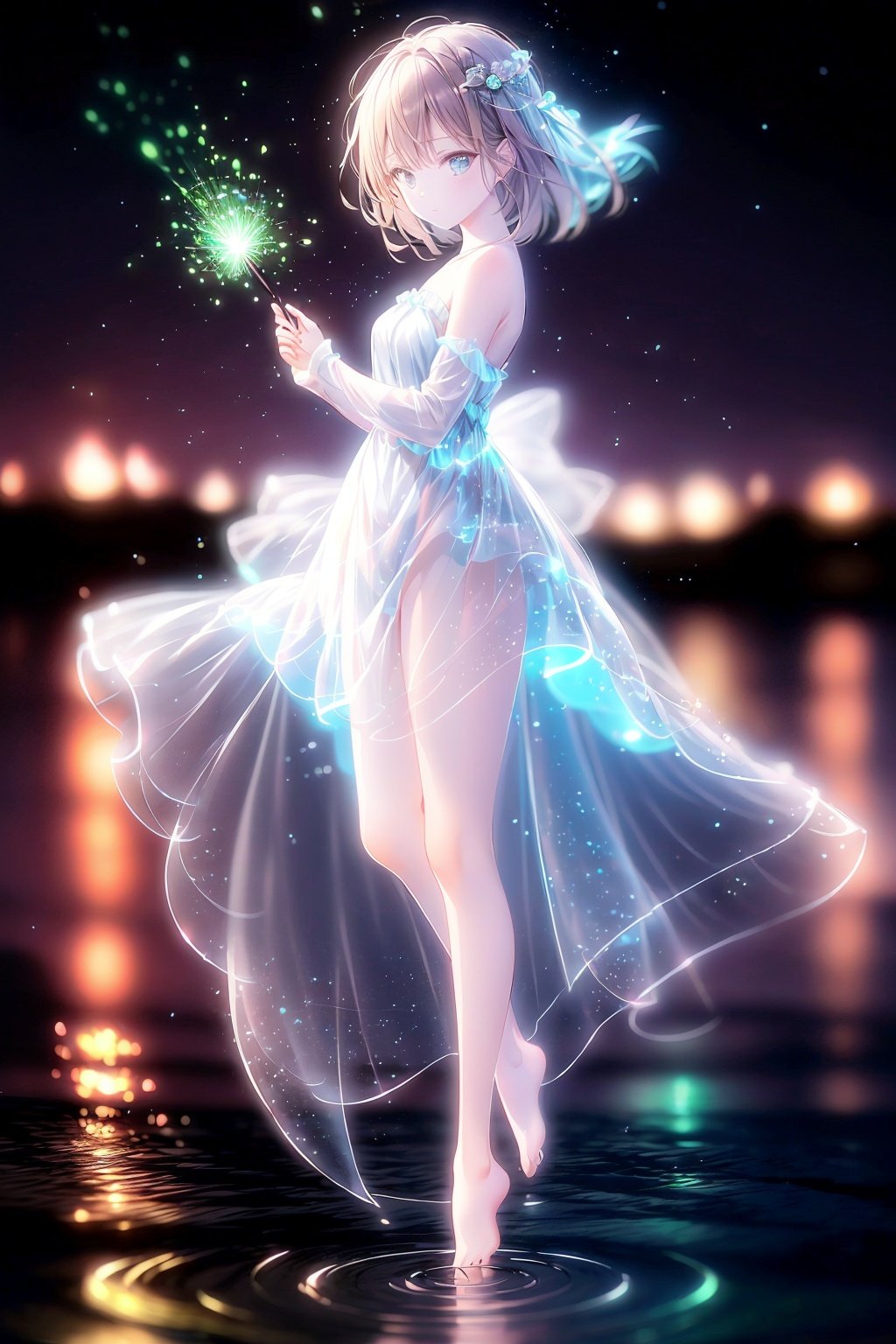  Best quality, 8k,cg,night,glowing,transparent,barefoot,1girl,standing_on_liquid,twilight,ripples,sparkler,dress