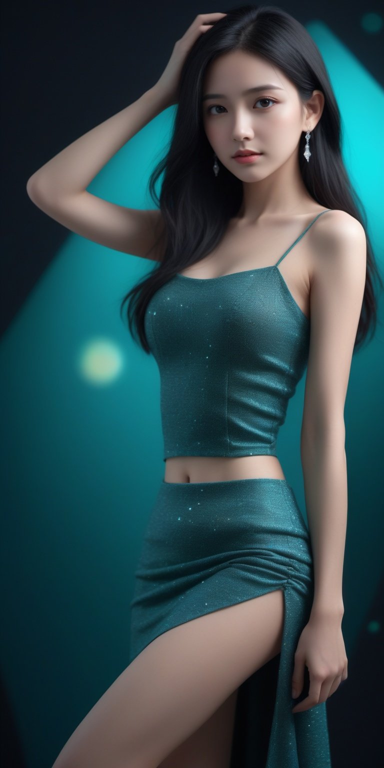  masterpiece,best quality,official art,extremely detailed CG unity 8k wallpaper,small breasts,1girl, Long black hair,whole body,exposure blend,medium shot,bokeh,(hdr:1.4),high contrast,(cinematic, teal :0.85),(muted colors, dim colors, soothing tones:1.3),natural external halo, excellent color and light effects, (color deviation, color deviation, color reproduction: 1.1) ,((black background)). diamond earrings.waist,skirt,leg.