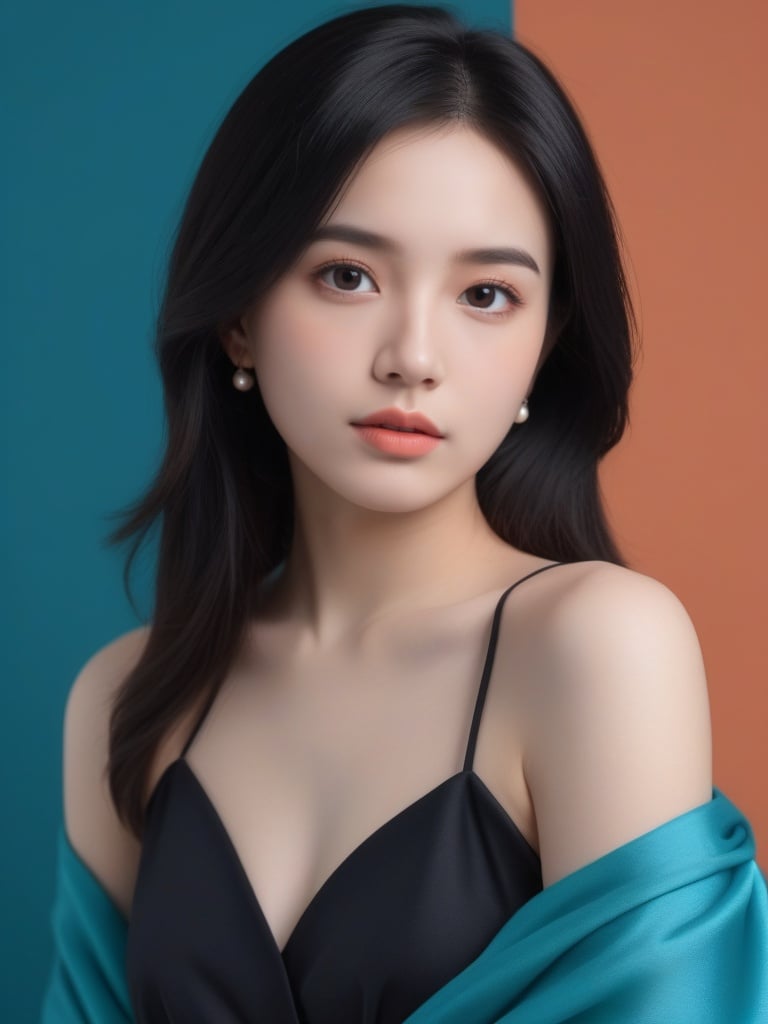  masterpiece,best quality,official art,extremely detailed CG unity 8k wallpaper,small breasts,1girl, Long black hair,face close up,exposure blend,medium shot,bokeh,(hdr:1.4),high contrast,(cinematic, teal and orange:0.85),(muted colors, dim colors, soothing tones:1.3),natural external halo, excellent color and light effects, (color deviation, color deviation, color reproduction: 1.1) ,Simple blue background.Red Dress, diamond earrings.