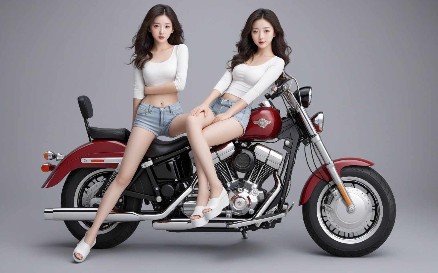  This is an advertising image showing a full-body shot of a beautiful Chinese girl. The image is high-definition, high-resolution, full-color, and clean and simple.
The girl in the picture has curly hair, big eyes, and delicate skin like porcelain. She exposes her waist and legs, wearing bright and tight leather clothes. She sits astride a cool Harley motorcycle, only showing one foot. The motorcycle is equipped with thick tires, delicate headlights, and a very complex mechanical structure.